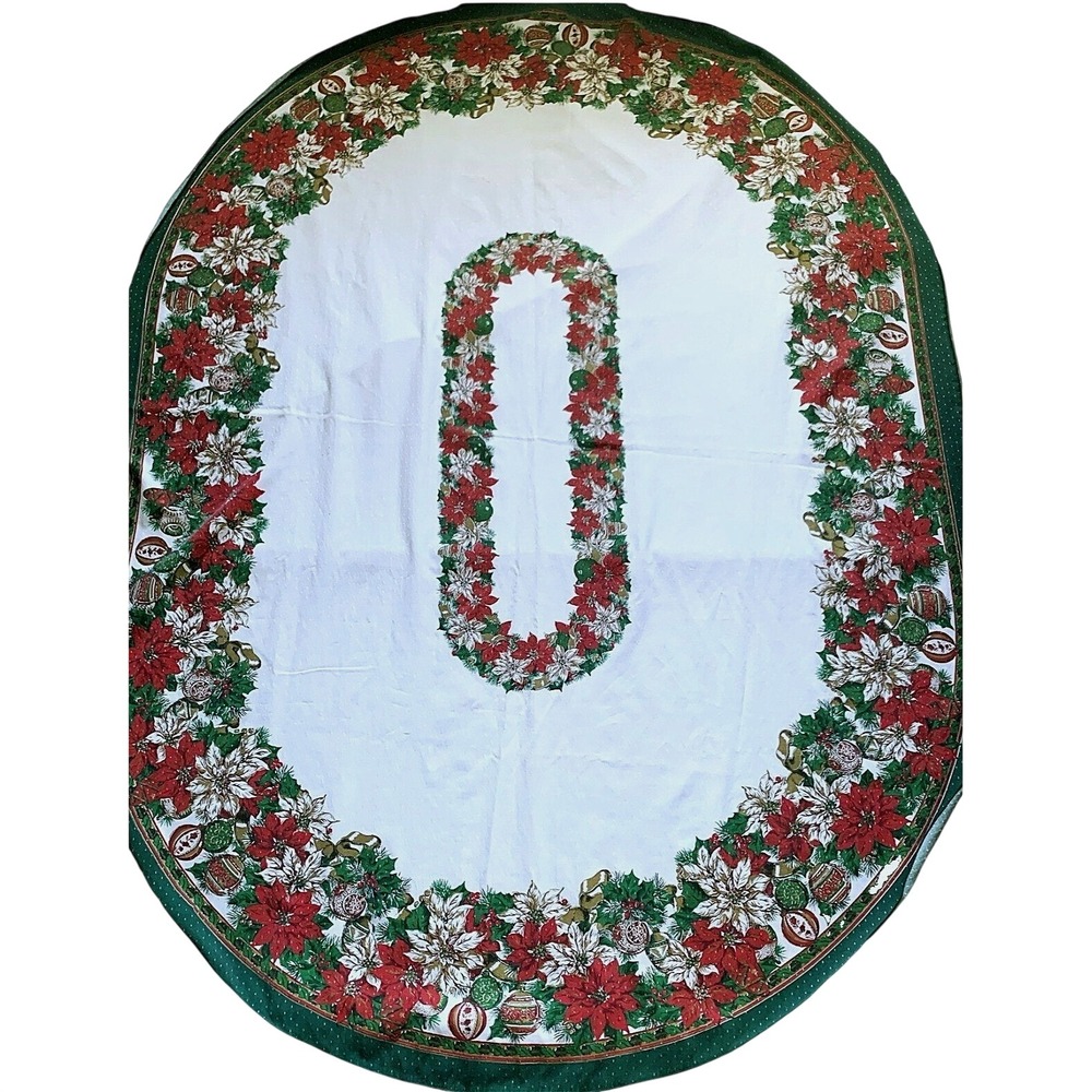 Christmas Tablecloth Ornaments Poinsettias Granny Core 1980s Oval 80x60 Vintage